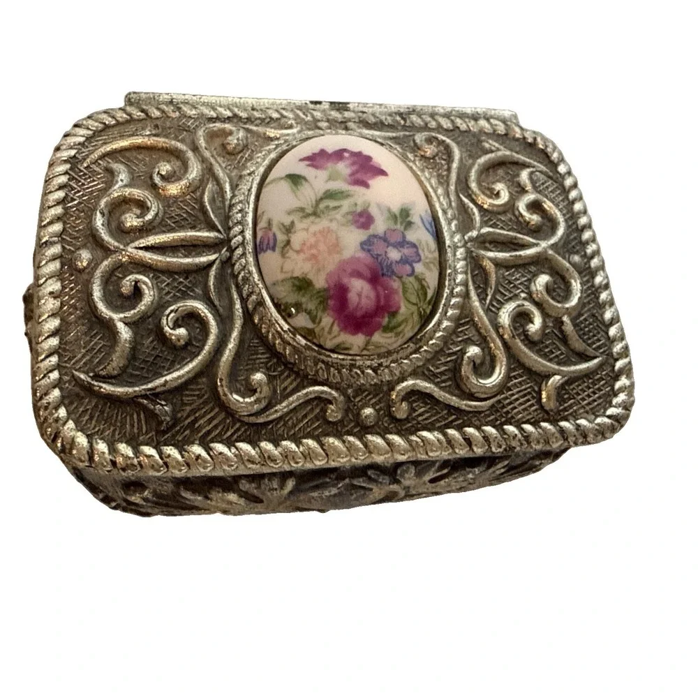 Victorian Style Rose Cameo Vanity Trinket Box Vintage Japan Signed Red Velvet